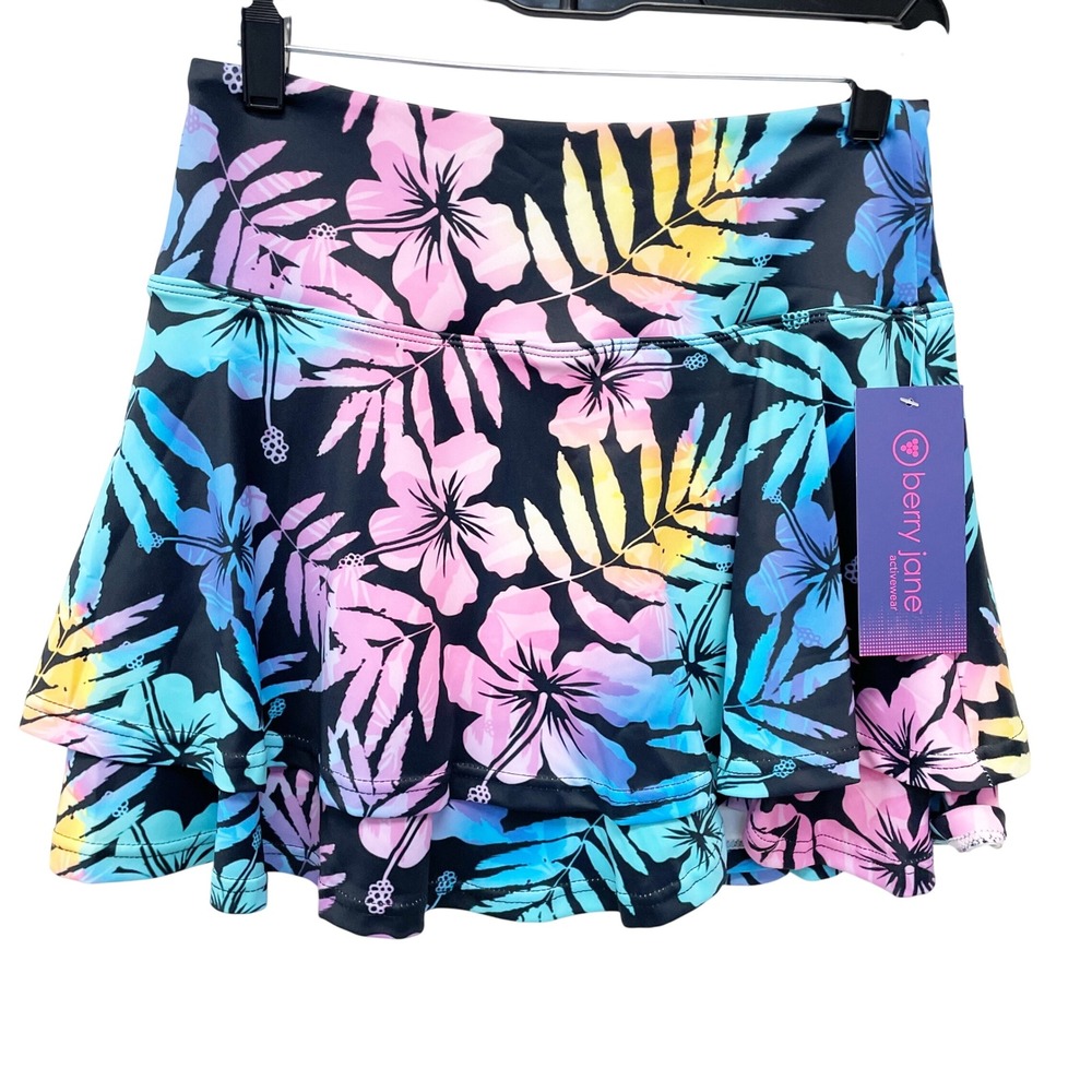 Berry Jane Women's Multicolor Hawaiian Hibiscus Ruffle Tennis Skort Size Small